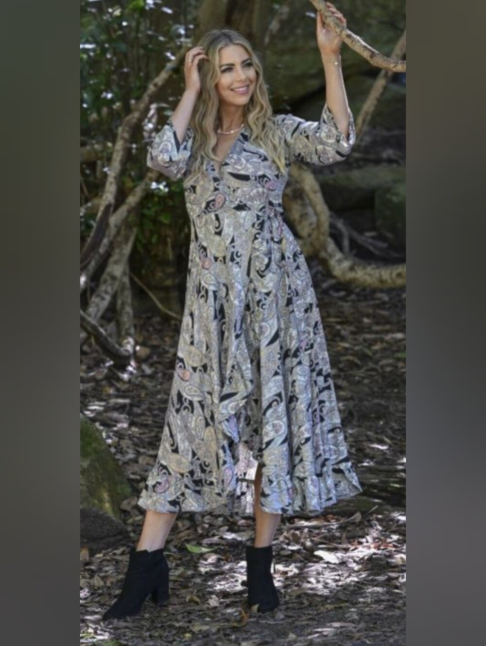 Paisley Wrap Maxi Dress in Black and Cream